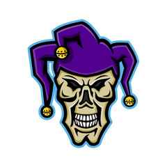 Mascot icon illustration of head of a court jester, joker, fool,story-teller or minstrel skull viewed from front on isolated background in retro style.