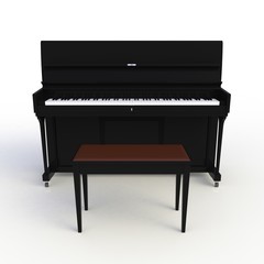 Front view of classic musical instrument black piano isolated on white background, Keyboard instrument, 3d rendering