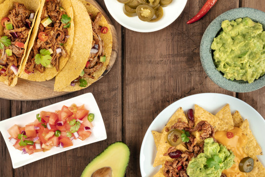 Overhead photo of assortment of Mexican foods