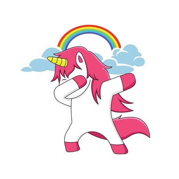 pink unicorn character is dubbing with a rainbow above it
