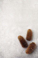 Christmas background with fir branches and cones on light concrete old background table. Selective focus. Top view with copy space.