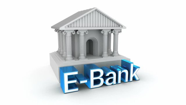 E-Bank concept and classic roman house icon, 3D animation