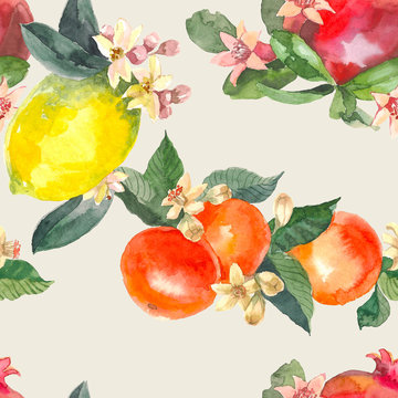Watercolor seamless pattern of isolated hand drawn oranges, pomegranate, lemon and flowers in sketch style on light background.