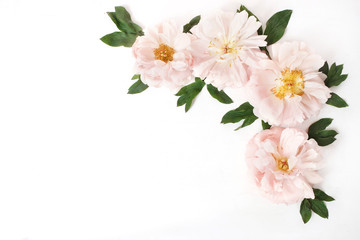 Feminine styled stock photo with pink peony flowers and leaves isolated on white background. Flat...