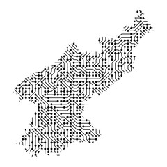 Abstract schematic map of North Korea from the black printed board, chip and radio component. Computer electronics processor motherboard. Vector illustration.