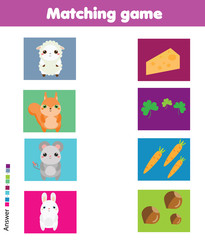 Matching game. Match animals with food. Educational children activity