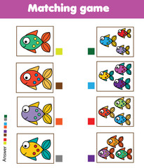 Matching game. Educational children activity with fish. Learning whole and parts type