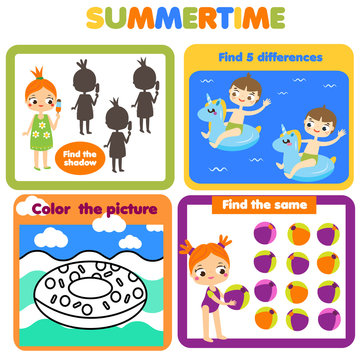 Activity page for kids. Educational children game set. Summer holidays theme