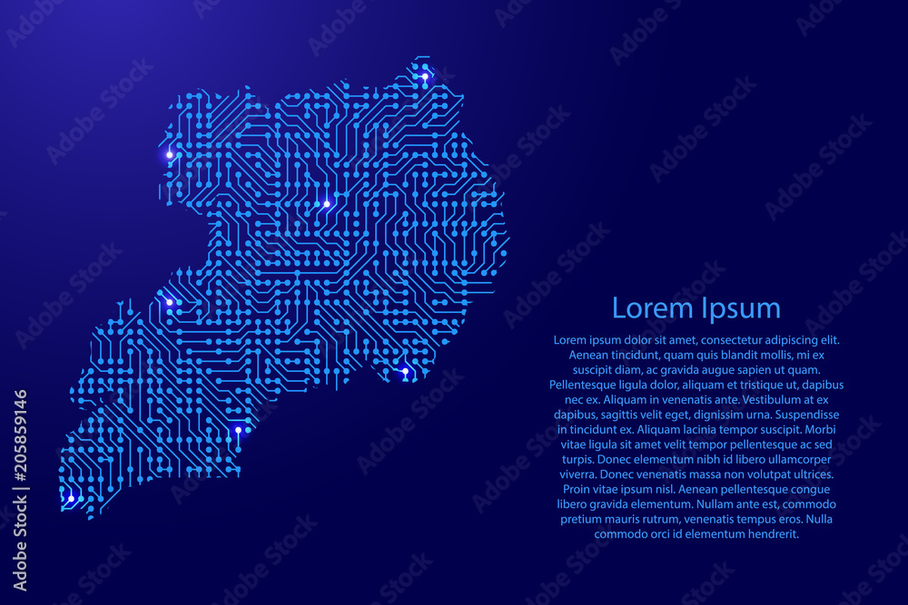 Fototapete map uganda from printed board, chip and radio component with blue star space on the contour for bann
