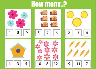 Counting educational children game, math kids activity. How many objects task