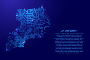 Map Uganda from printed board, chip and radio component with blue star space on the contour for banner, poster, greeting card. Computer electronics processor motherboard. Vector illustration.