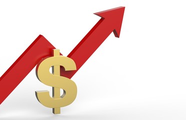 Increase in dollar value concept, golden dollar sign with a rising arrow, 3d illustration
