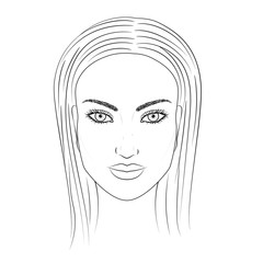 Vector image (sketch) of a young woman face close-up. Black and white portrait of a beautiful girl with rough features. Template for coloring, outline. Vector EPS 10.