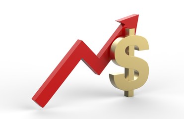 Increase in dollar value concept, golden dollar sign with a rising arrow, 3d illustration