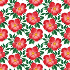 Gordijnen Watercolor pattern with red flowers. Red poppies with leaves © katushello