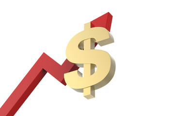 Increase in dollar value concept, golden dollar sign with a rising arrow, 3d illustration