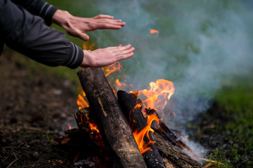 Burning firewood in outdoor summer camp on green abstract background. Travel and tourism. Nature leisure rest. Wood in flame. Lifestyle cozy place for dinner preparation. Smoldering coals and ash.