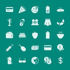 Modern Simple Set of food, clothes, money, mobile Vector fill Icons. Contains such Icons as battery,  pink, currency,  cheese,  italian and more on green background. Fully Editable. Pixel Perfect.