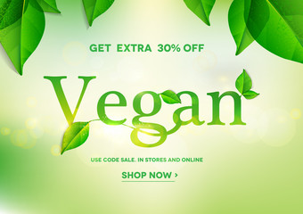 Vegan word on natural green background.Vegan sale.Vector illustration EPS10