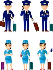 Set of people aviation, pilot and stewardess with baggage in different poses. Vector illustration of aviation profession crew, pilot and stewardess with luggage in flat style