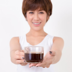 Beautiful young asia woman with a cup of coffee. Isolated on white background. Studio lighting. Concept for healthy.