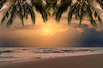 Naklejka na ściany i meble Beautiful sunset over the sea with coconut tree at summer time