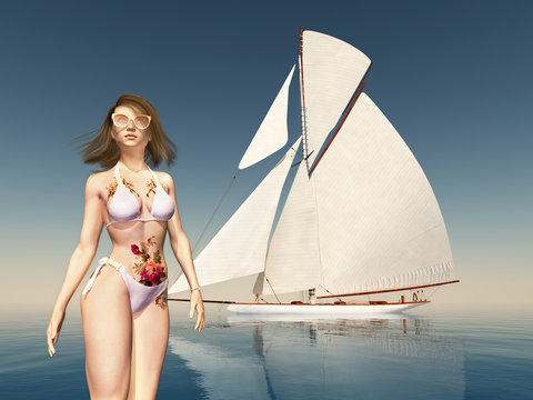 Attraktive Frau im Bikini und Segelyacht