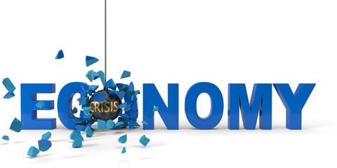 crisis named wrecking ball is breaking blue economy word. 3d illustration