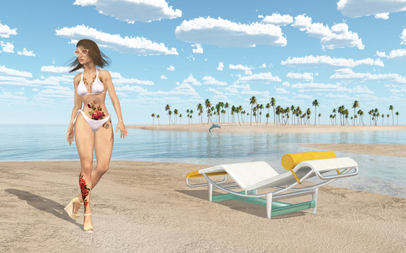Frau im Bikini am Strand und Liegestuhl