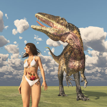 Attraktive Frau im Bikini und der Dinosaurier Acrocanthosaurus