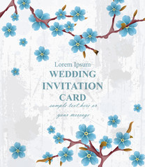 Wedding invitation card Vector. Blue spring flowers. Beautiful vertical floral frame 3d backgrounds