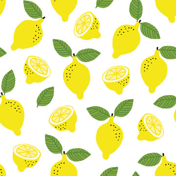 Hand drawn seamless pattern with yellow lemon fruit and leaves. Summer retro fabric design, cartoon illustration, vector background.