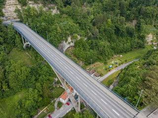 Aerial view of road bridge above Gotteron valley in Switzerland Fribourg