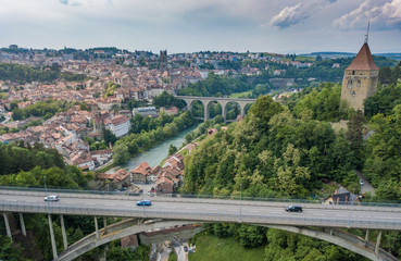 Aerial view of road bridge above Gotteron valley in Switzerland Fribourg