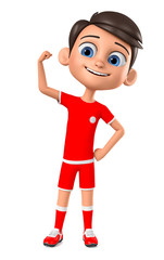 Boy sportsman raised his fist upwards on a white background. 3d render illustration.