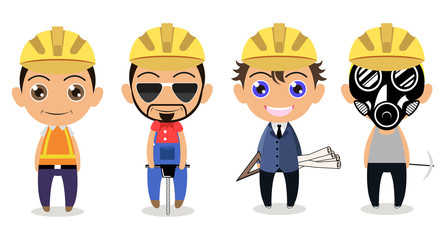 Construction industrial worker professional team cartoon character design flay style concept