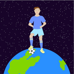 A football player with a ball is standing on a globe.