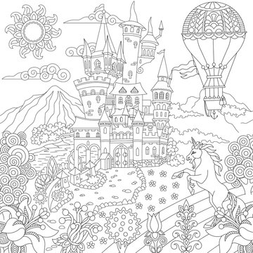 Fairy tale concept. Fairytale landscape with vintage castle, unicorn, flowers, hot air balloon. Coloring Page. Adult Coloring Book idea. Freehand sketch drawing picture.