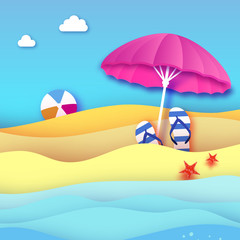 Pink parasol - umbrella in paper cut style. Origami sea and beach. Sport ball game. Flipflops shoes. Vacation and travel concept.