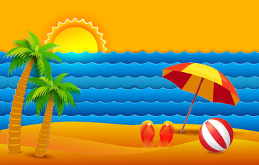 Paper art cut out style summer landscape with sea waves, ball and umbrella for beach games. Retro vector illustration. Sun on hot yellow sky. Tropic nature background.