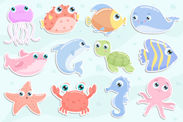 Leuke stickers van zeedieren. Plat ontwerp.