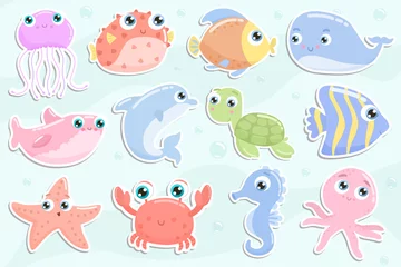 Fotobehang In de zee Leuke stickers van zeedieren. Plat ontwerp.