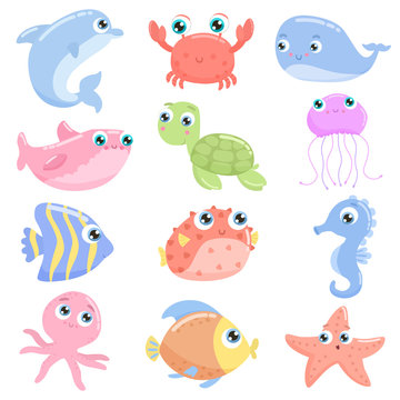 Cute sea animals. Flat design.