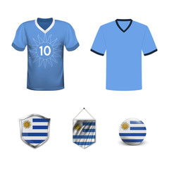 Set of T-shirts and flags of the national team of Uruguay. Vector illustration.