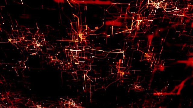 Artificial Neural Network flythrough. Electronic nodes connected together with a synaptic links in electronic cyberspace. Grid shows decentralized connection. Distibuted blockchain growth concept. UHD