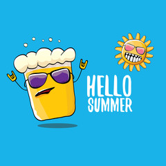 vector cartoon funky beer glass character and summer sun isolated on blue background. Hello summer text and funky beer concept illustration. Funny cartoon smiling friends.