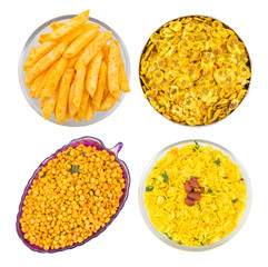 Collage of Indian Namkeen Food Fries Snack, Chana Jor Garam, Chana Masala, Chivda isolated on White Background