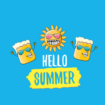 vector cartoon funky beer glass character and summer sun isolated on blue background. Hello summer text and funky beer concept illustration. Funny cartoon smiling friends.