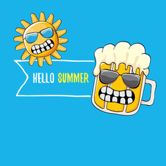 vector cartoon funky beer glass character and summer sun isolated on blue background. Hello summer text and funky beer concept illustration. Funny cartoon smiling friends.