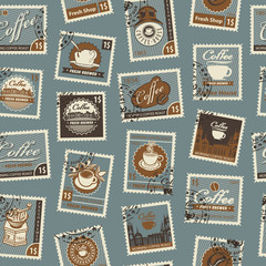 Retro Postage Seamless Background. Vector seamless pattern on coffee and coffee house theme with postage stamps and postmarks in retro style. Can be used as wallpaper or wrapping paper